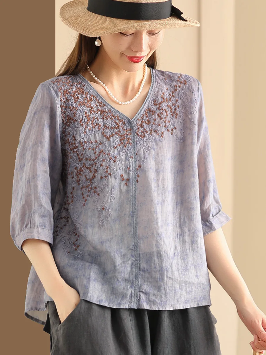 

YuanYuanMei Heavyweight Women's Linen irt V-Ne f Sve Embroidered Dyed Cooking Linen Overhead irt Artistic Blouse