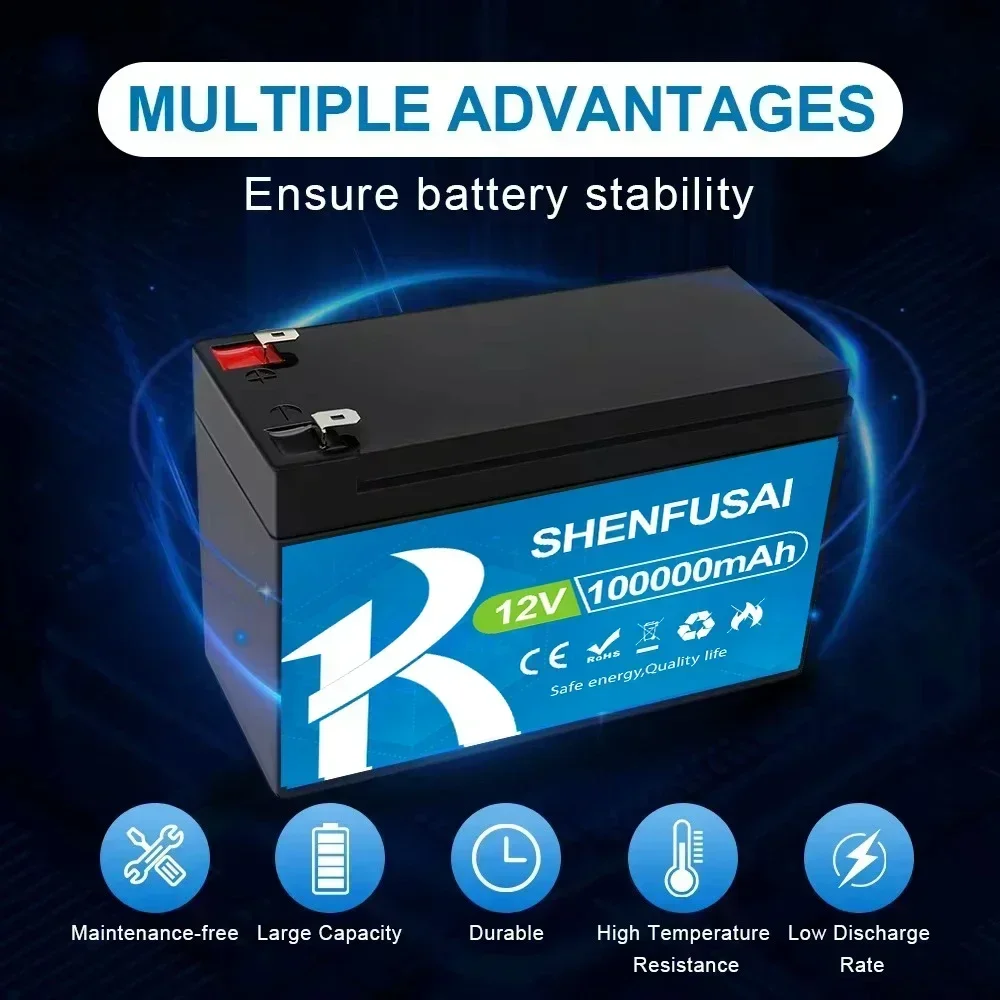 Newly upgraded 12V 100Ah 18650 lithium battery pack with built-in BMS, suitable for solar boat+LED+spray battery+12.6V charger