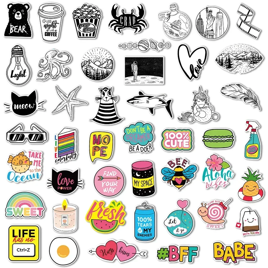 10/100 autocollants roses noir et blanc pour filles VSCO autocollants mignons pour ordinateur portable guitare réfrigérateur voiture vélo coque de téléphone autocollants imperméables