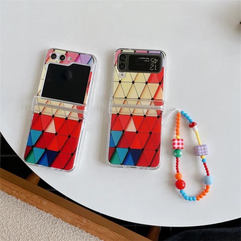 Korean Geometry Color matching rhombus Phone Case For Samsung Galaxy Z Flip 6 5 4 3 Z Flip5 Flip4 Flip6 5G Cover with Chain Case