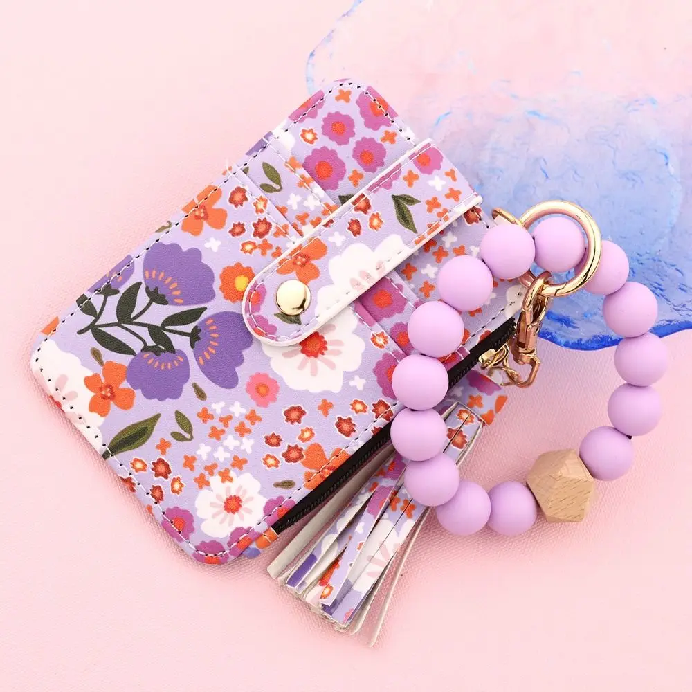 Fragmented Design Silicone Bead Bracelet Keychain Boho Style Flower Pattern Wristlet Wallet Keychain Pu Leather Beaded Detail