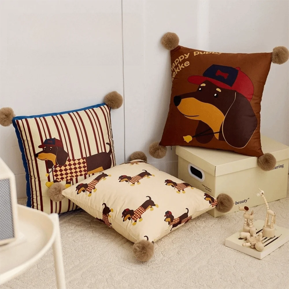 

Sausage Puppy Cartoon Dachshund Pillow Cover Printing Plush Ball Sofa Pillowcase Soft with Zipper Waist Pillow Cover