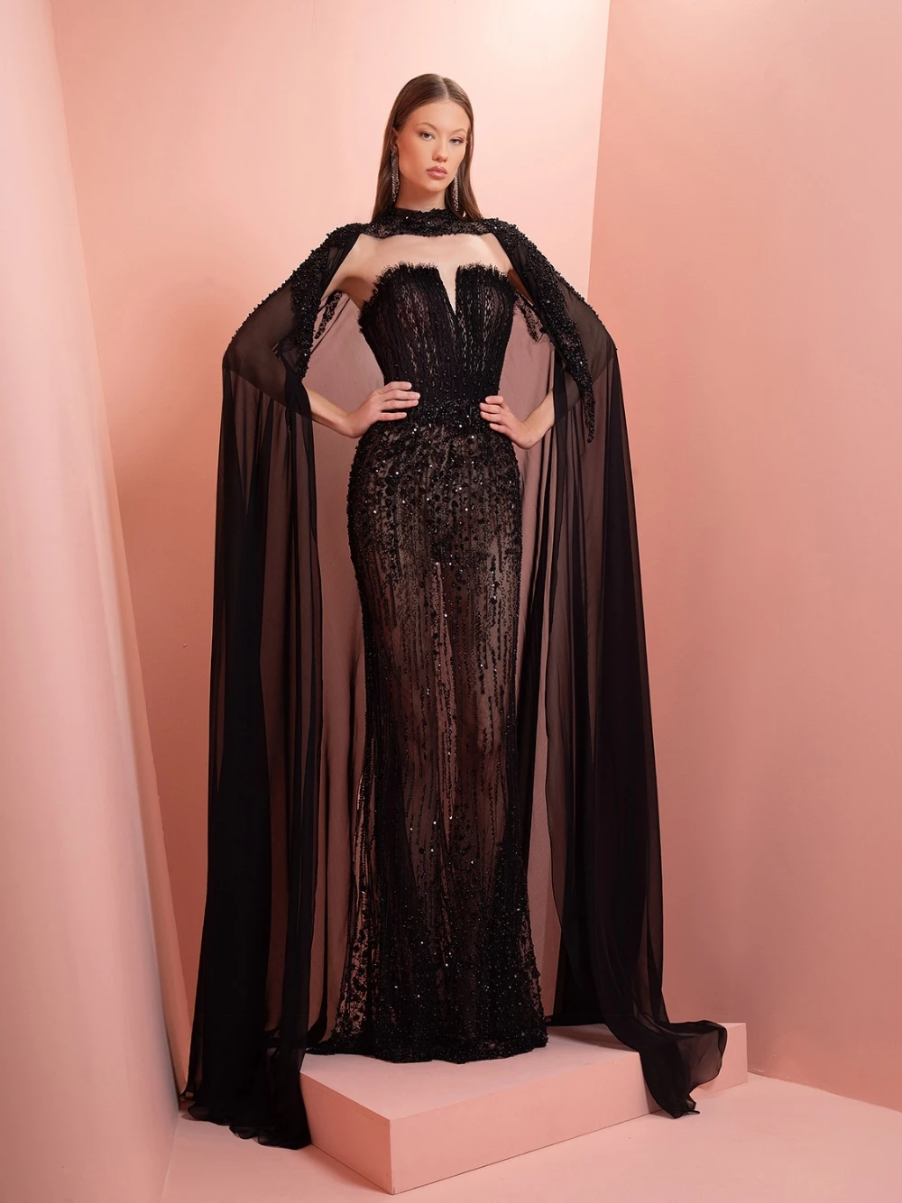 Black Illusion Glamorous Beading Evening Dress With Flowing Cape Luxe Fashionable Straight Sweetheart Neckline Cocktail Gown