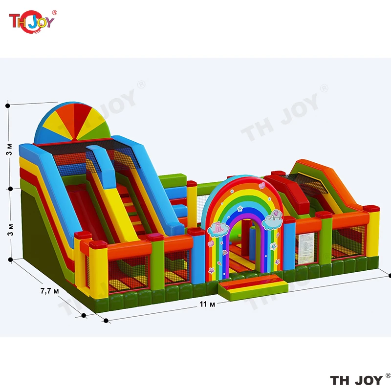 قلعة نطاطة للأطفال والكبار قابلة للنفخ بألوان قوس قزح مقاس 11 × 7.7 م