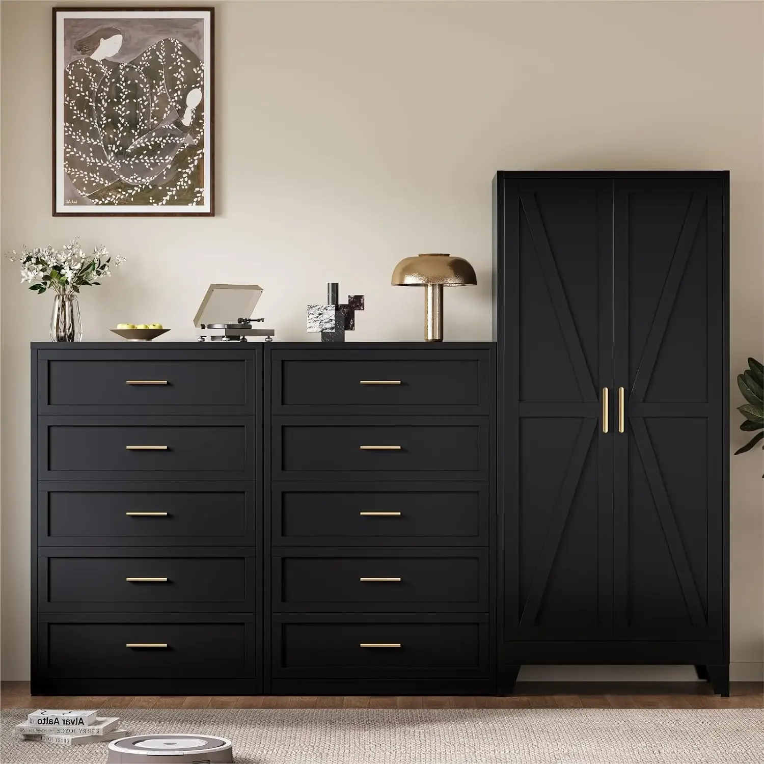 Metal Dresser for Bedroom, Black 5 Drawer Bedroom Dresser with Gloden Handle, Dressers & Chests of Drawers for Nightstand