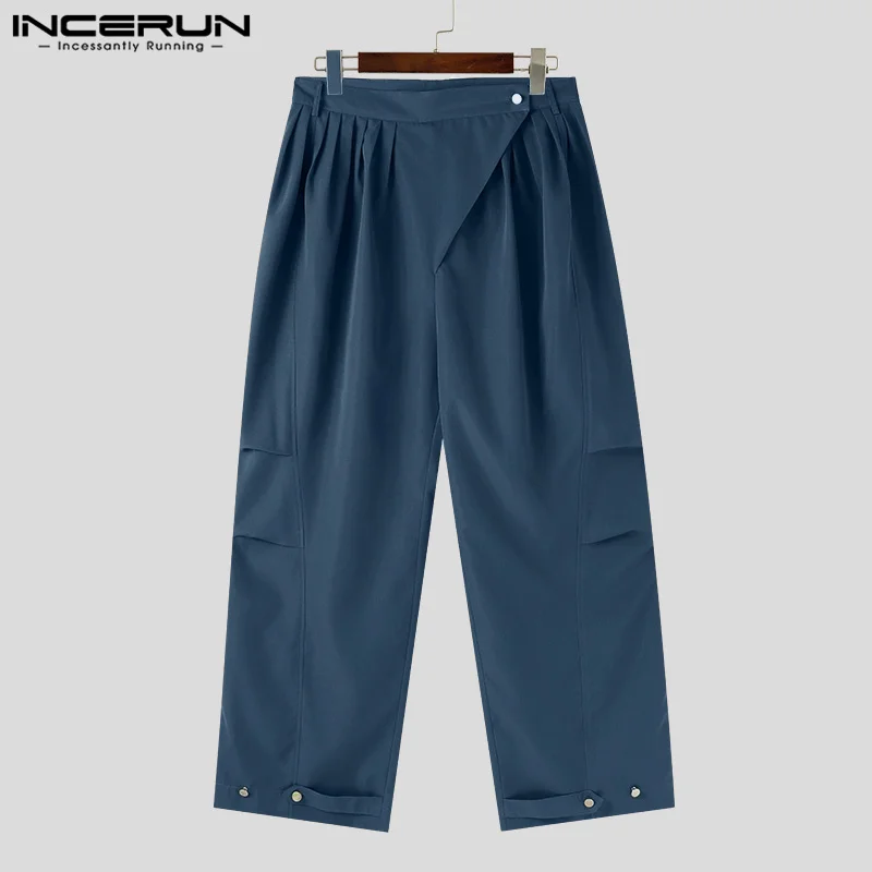 INCERUN Men Pants Solid Color Joggers Loose Button Korean Style Fashion Casual Trousers Men Streetwear 2024 Leisure Long Pants