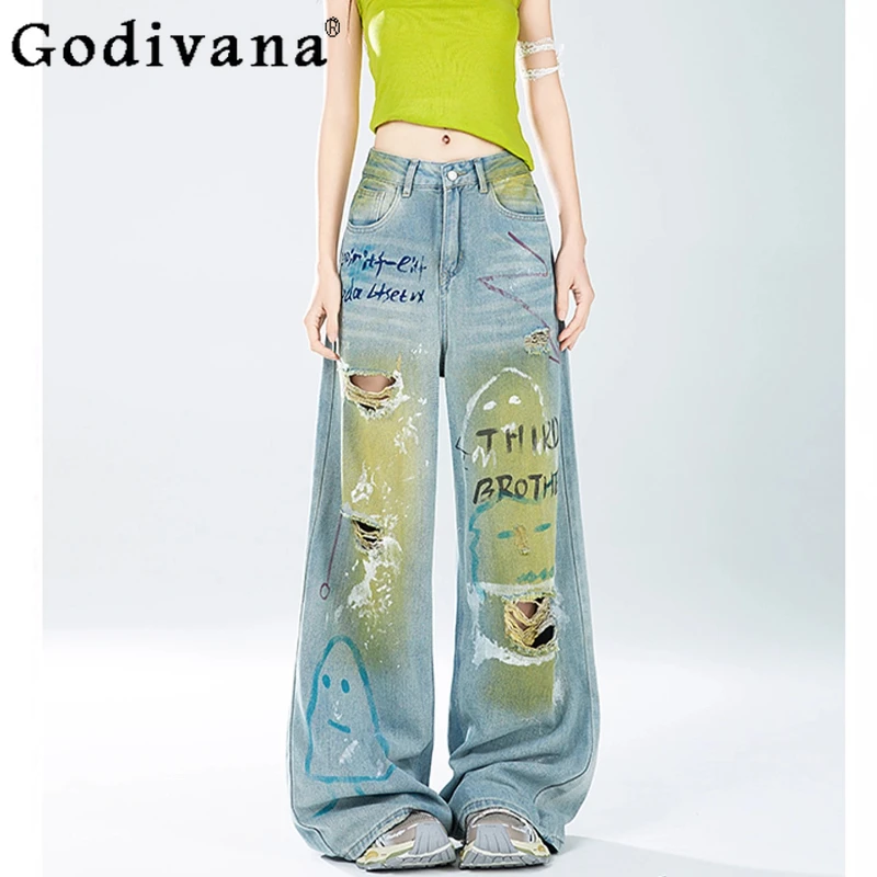 

Plus Size 2XL-6XL Playful Unique Print Wide-leg Ripped Jeans Girl Spring Autumn Blue High Waist Retro Fashion Versatile Trousers