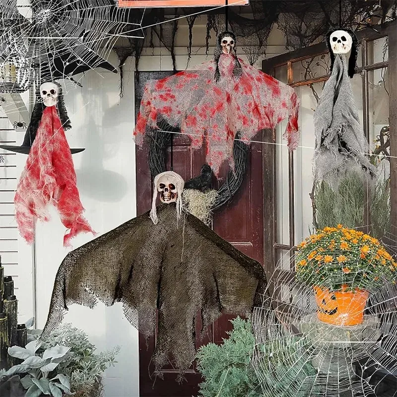 1-30 Uds. Decoración de calavera fantasma colgante de Halloween con bandera, accesorio de terror para casa embrujada, patio al aire libre, uso de configuración de escena navideña