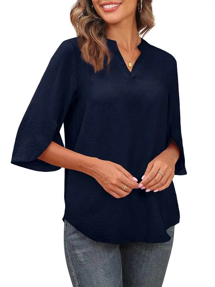 Women Plus Size Three Quarter Sleeve V Neck Blouse Loose Casual Long Top Oversized Solid Color Office Lady Work Fashion Big Size