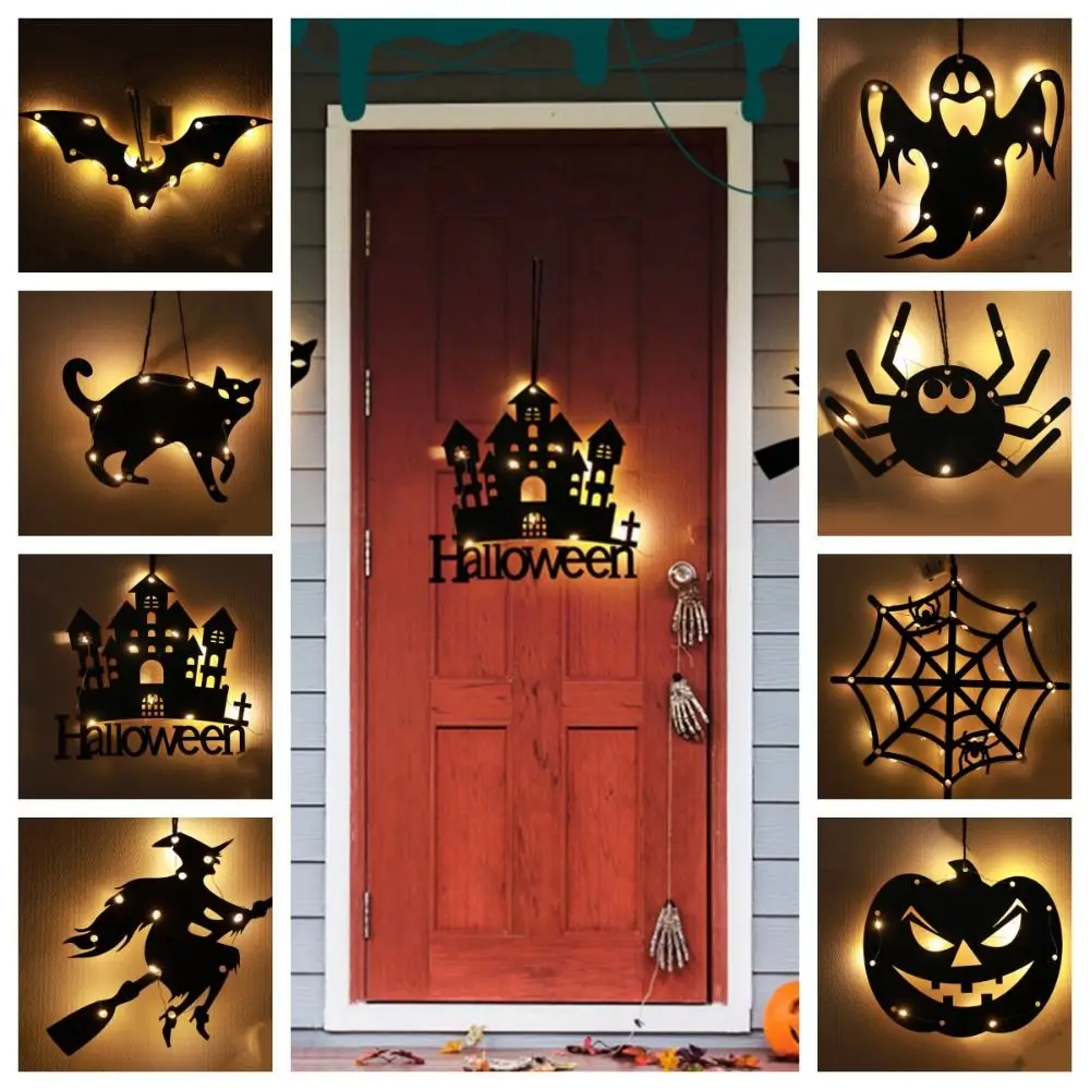 

Spooky Welcome Sign Halloween Hang Tag Light Spider Witch Halloween Front Door Light Pendant Ghost Home Front