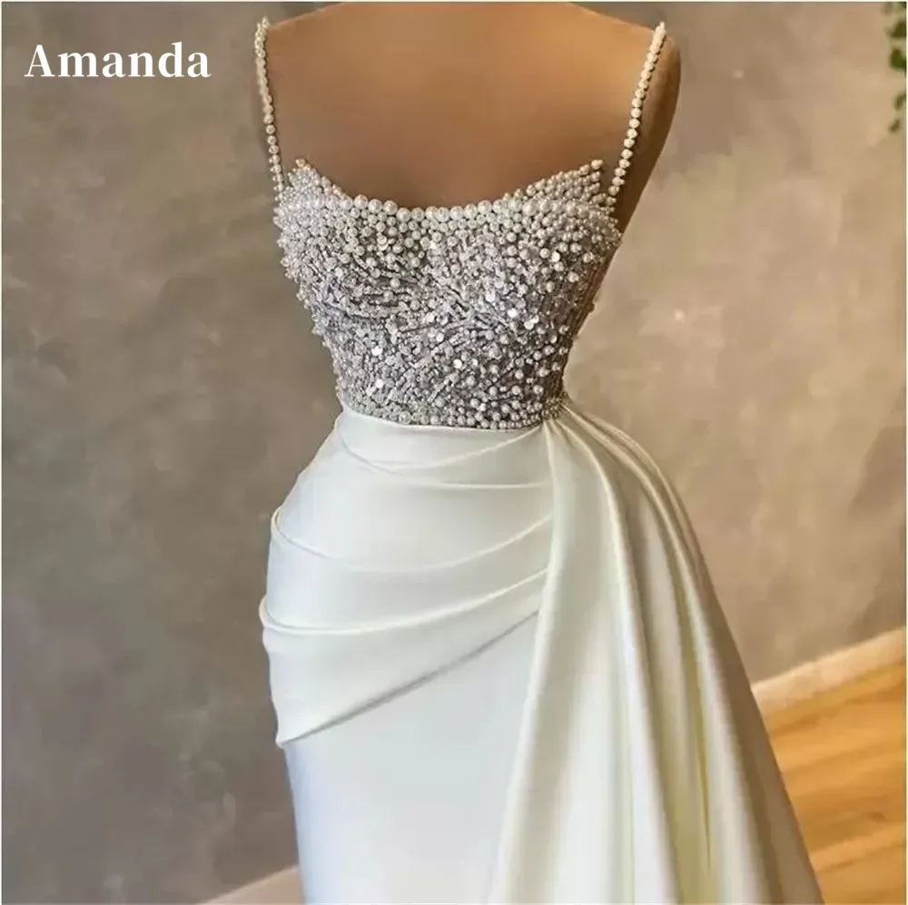 

Amanda Handmade Beading Mermaid Prom Dress Luxurious Ivory Satin Fishtail Vestidos De Fiesta Spaghetti Strap فساتين سهرة