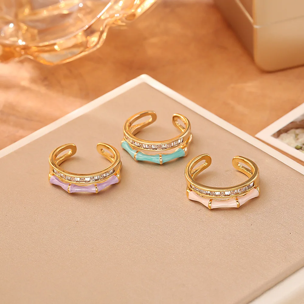 

Fashionable and exquisite niche double-layer zircon bamboo adjustable open ring high-end personalized versatile ring for women