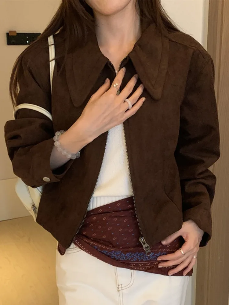 

Women's Chic Retro Hepburn Sle Leather Jaet Stand Collar Biker ort Top Korean Sle Versatile Commute Wind Suitable for...