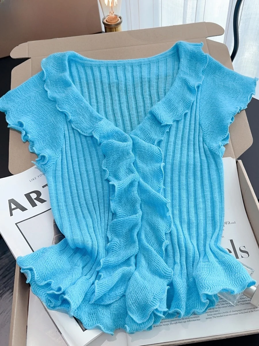 Dopamine Summer Ice Silk Short Sleeve Knitted T-Shirt Women's Unique Gentle Style with Lace Hemline Korean Loose Fit V-Neck Top