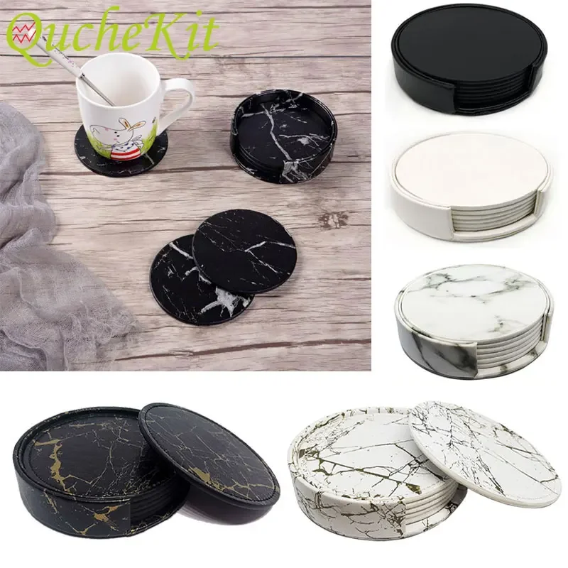 6pcs Heat-resistant Marbling PU Leather Coaster Set Drink Coffee Cup Mat Black White Round Tea Pad Table Easy to Clean Placemats