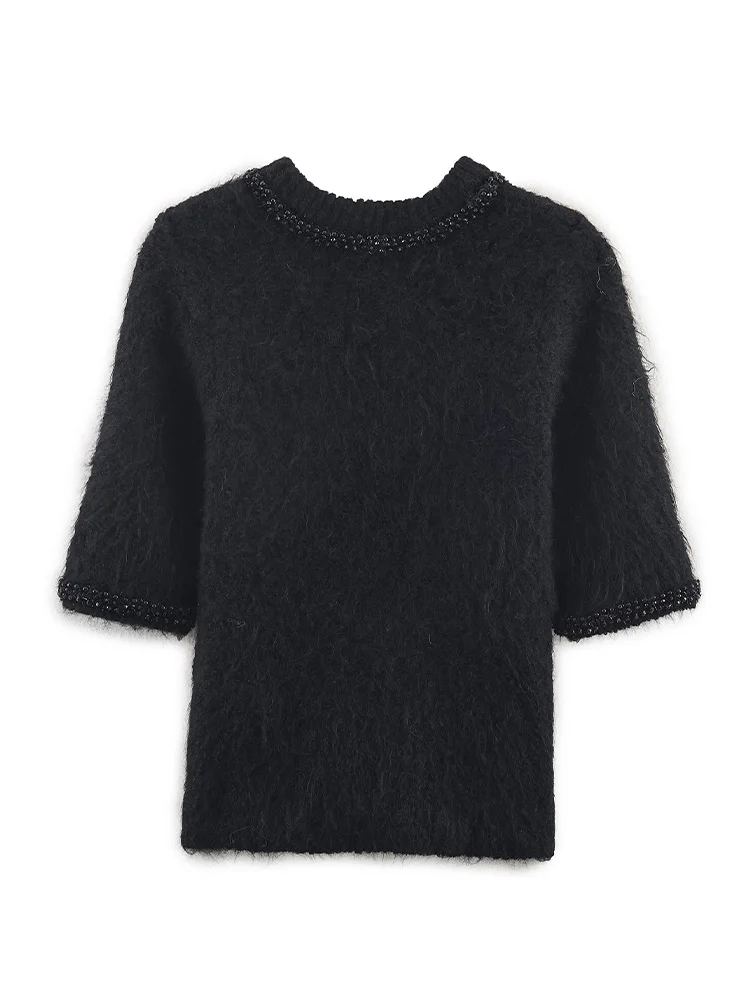 HH امرأة أنيقة السراويل الأكمام مجوهرات مطرز الديكور الياقة المستديرة بلوفر مغزول الإناث الربيع فضفاض الصلبة بلوزات قصيرة