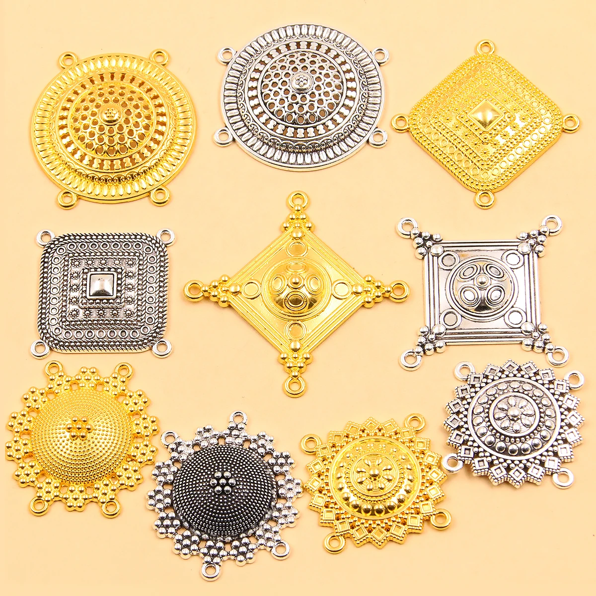 6PCS Mix Size Style Two Color Necklace Charm Women Jewelry Fashion Porous Connector Geometric Circle Square Pendant Necklace