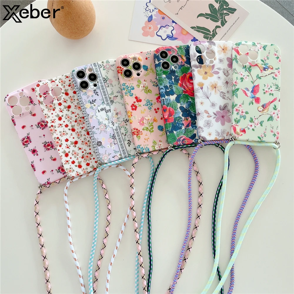 Crossbody Lanyard Strap Flower Phone Case For iPhone 16 15 14 13 Pro Max 12 11 XS XR X Soft Shockproof Camera Protection Cover