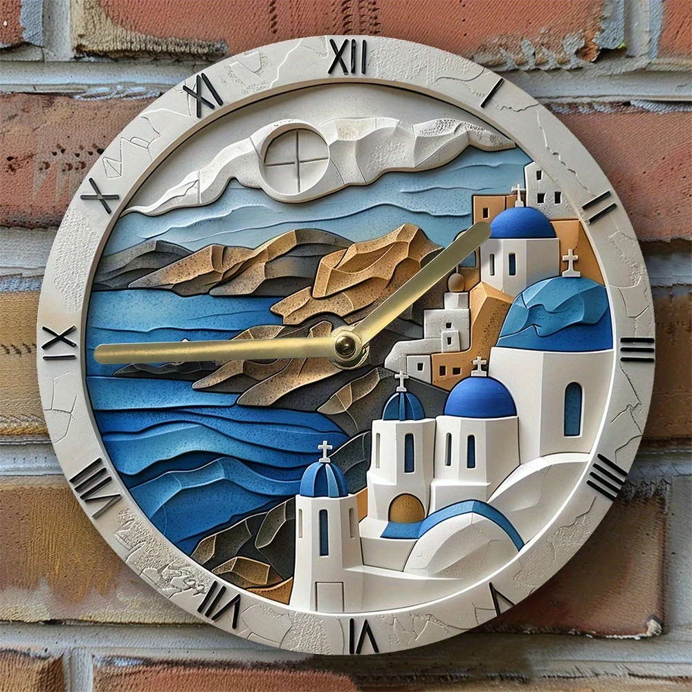 Santorini Island 3D Effect Wall Clock - DIY Assembly Kit with Silent Movement - High-Definition Artistic Home Decor