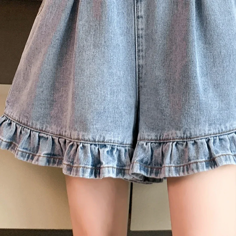 Large Size Ruffle Edge Women Denim Shorts Summer New Sweet Elastic High Waist Short Pants Y2k Chic Streetwear 6xl