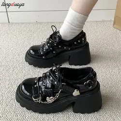 Punk Metal Chain Platform Pumps Women new Buckle Strap Lolita Shoes Woman Japanese Patent Leather High Heels Gothic Shoes black