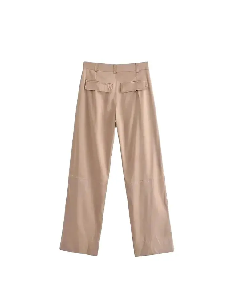 TRZA Women Fashion With Pockets Satin Cargo Pants Vintage High Waist Zipper Fly Female Trousers Mujer image 3