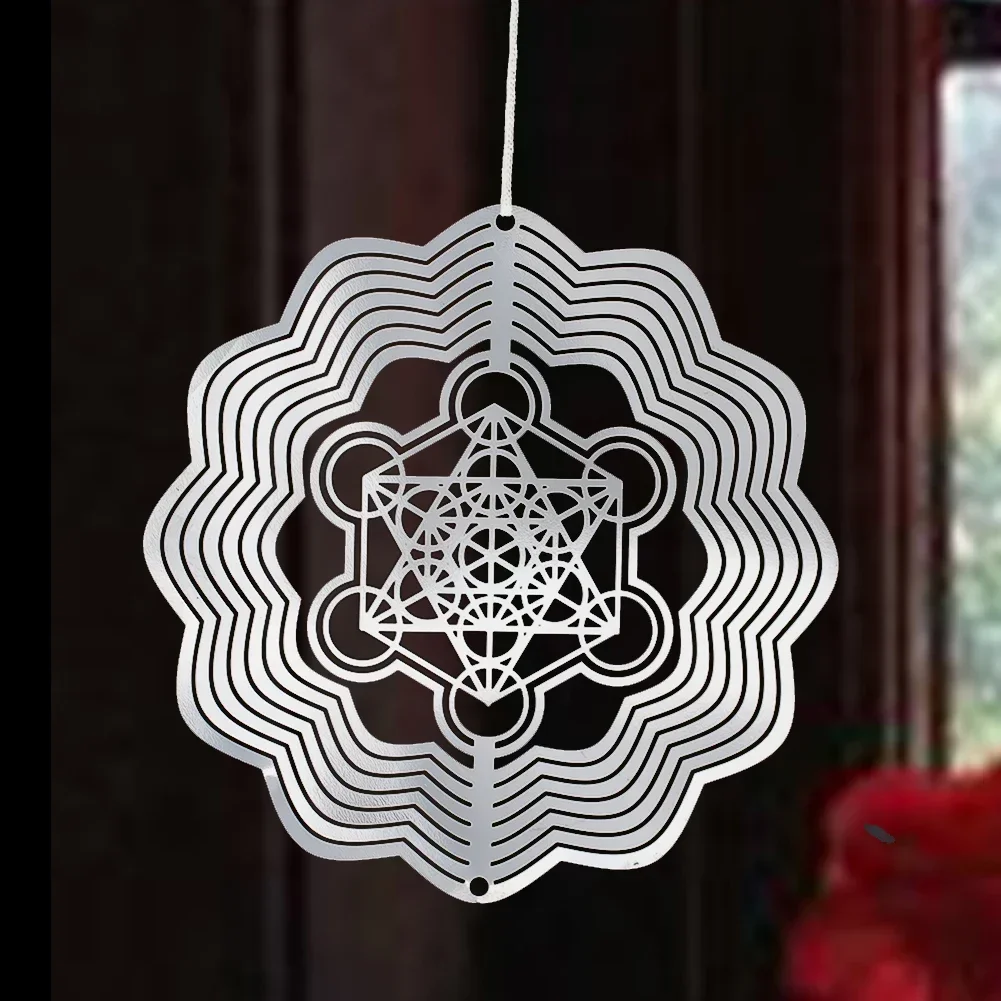 10cm Metatron 3D Wind Spinner Hanging Wind Chime Stainless Steel Mirror Reflective Flow Effect Garden Decoration Bird Repeller