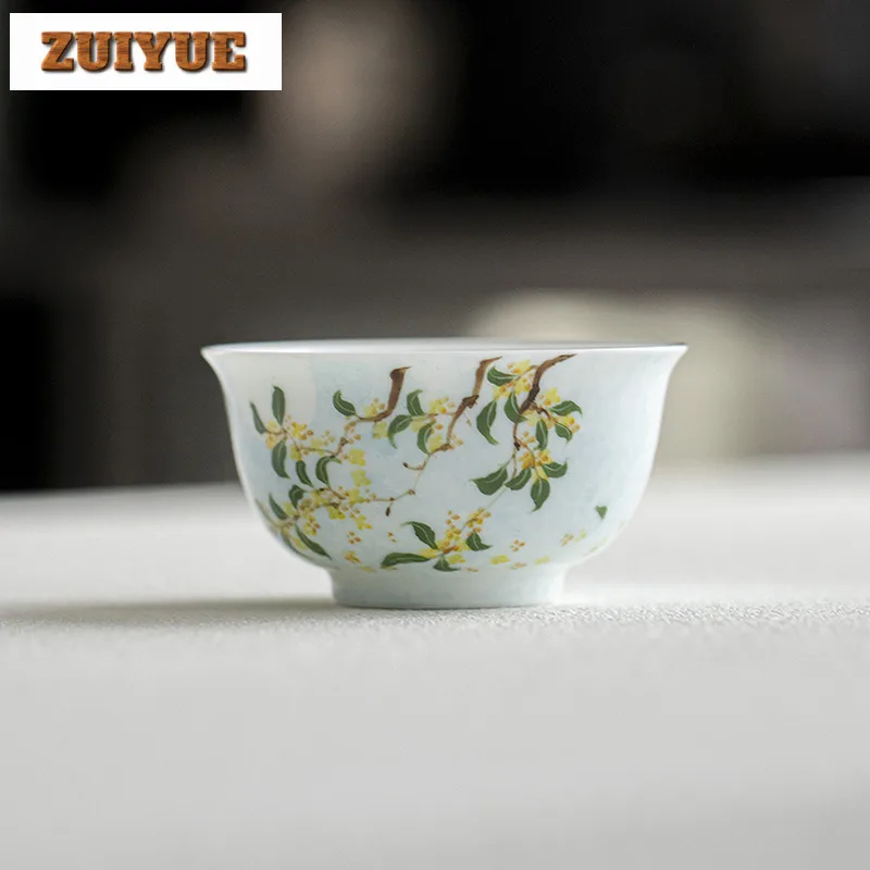 

110ml Hand Drawn Osmanthus Wide Mouth Teacup Elegant Tea Bowl Mug Tea-tasting Personal Cup Chazhan Master Cups Teaset Craft Gift