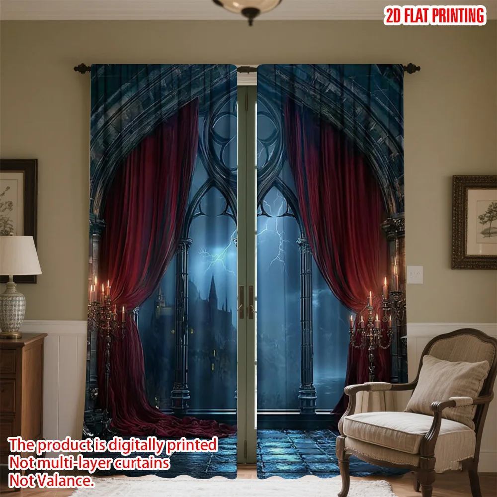 

2pcs 2D flat printing Halloween Drapes Medieval Castle Moon Versatile Polyester Without Electricity Festive Curtains for Holiday