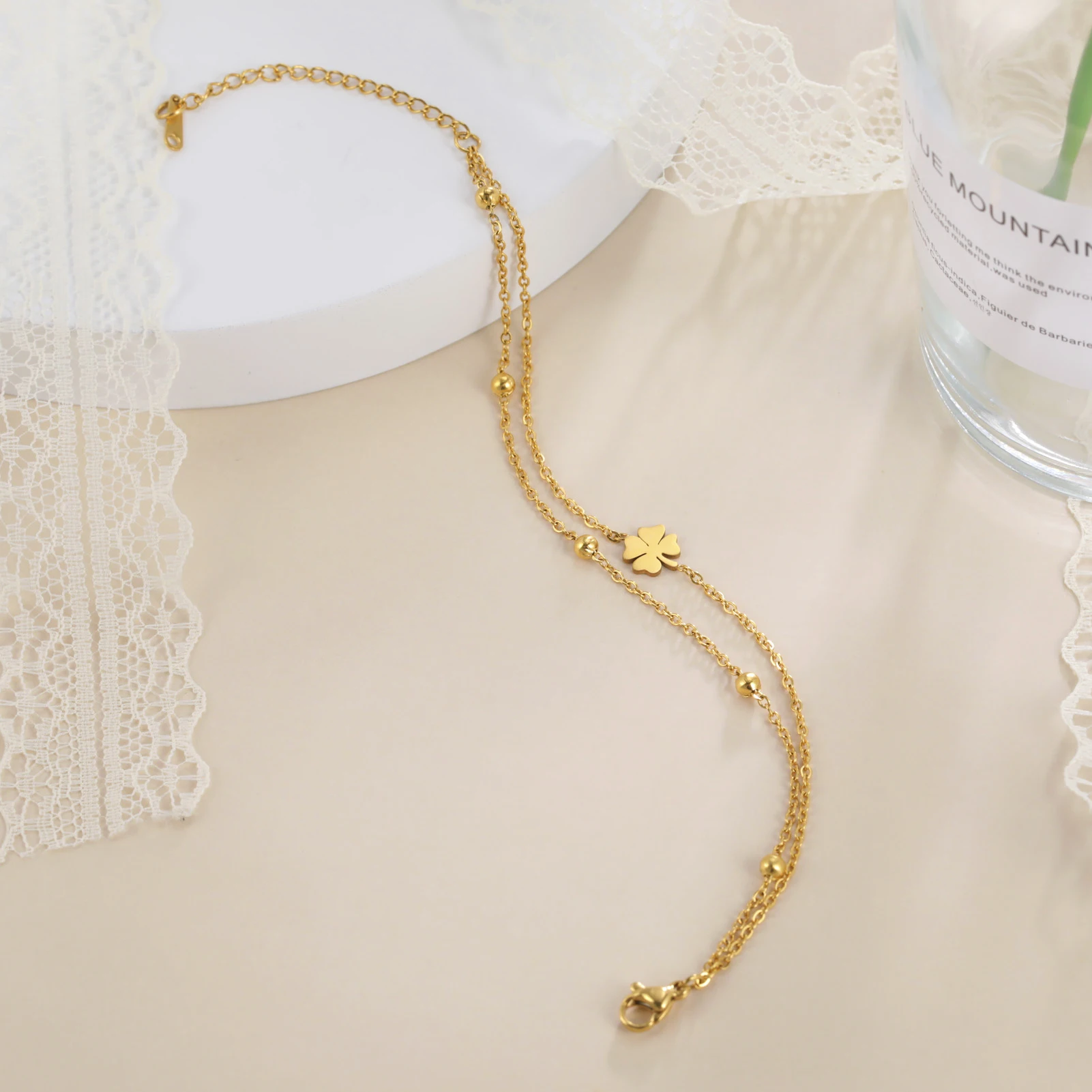 Kkjoy Edelstahl Fußkette für Damen und Herren, silberfarben, vierblättriges Kleeblatt, Fußkettchen, einfache Perlen, Modeschmuck, Accessoires, Neu – Detail 8