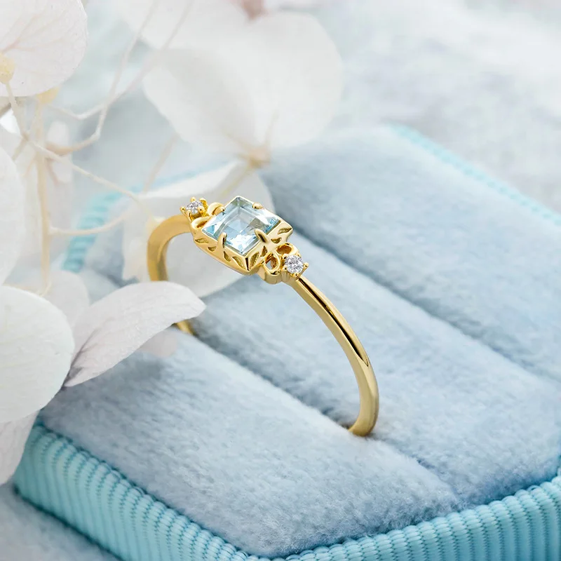 LAMOON Wedding Engagement Ring For Women Natural Aquamarine Gemstone Rings S925 Silver Gold Plated Fine Jewelry Exquisite Bijou