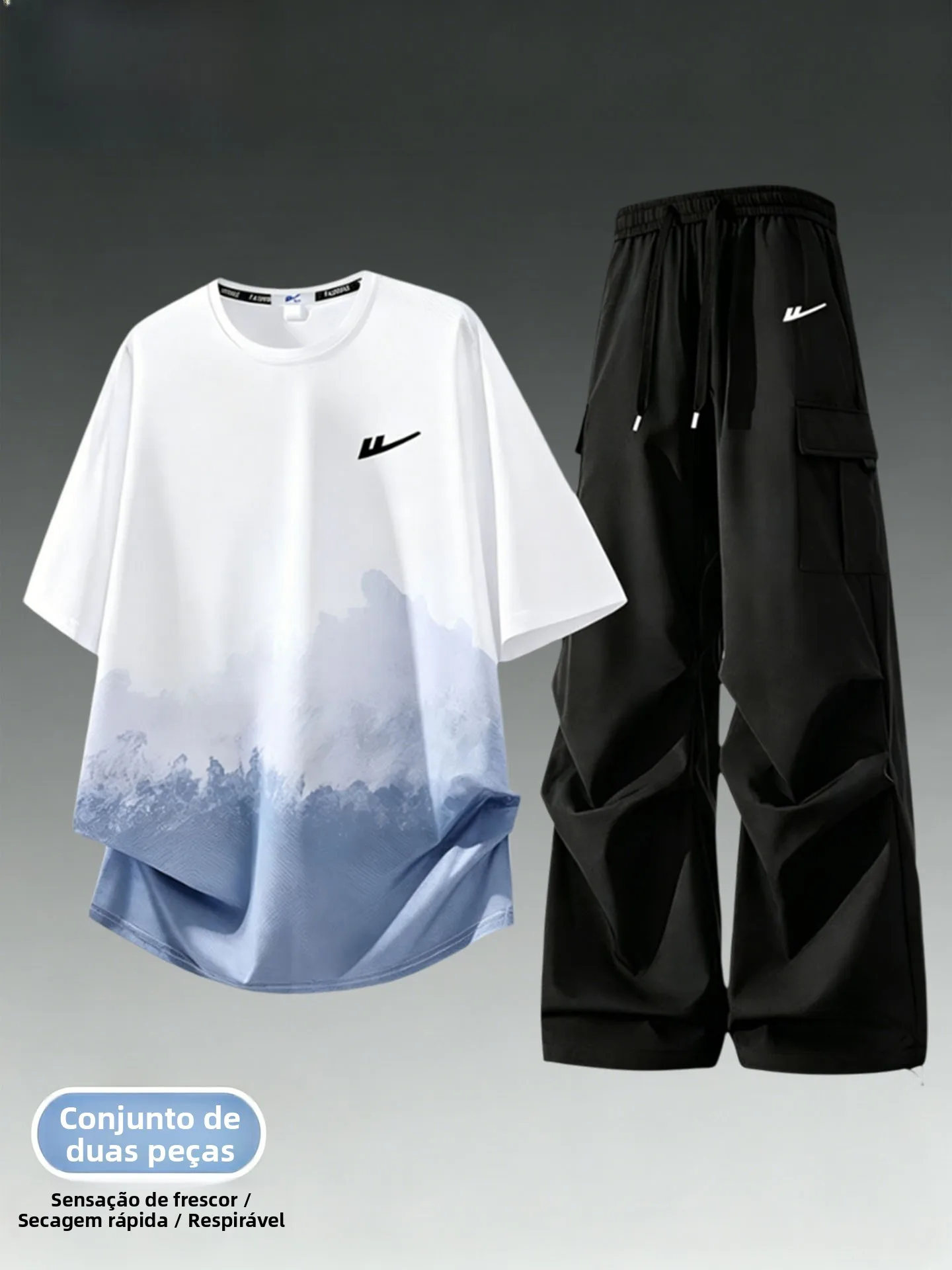 ice-sensation-quick-dry-workwear-set-men's-summer-thin-breathable-gradient-t-shirt-paratrooper-pants-casual-two-piece-set