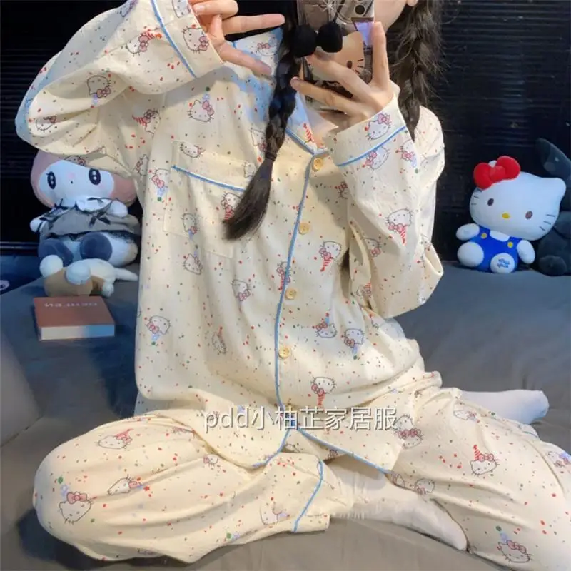 Sanrio Leisure Time Flip Collar Pajama Set Spring and Autumn Kawaii Hello Kitty Comic Fashion Cardigan Go Out Leisure Wear New