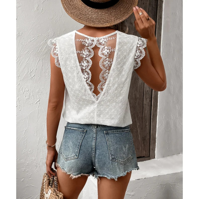 بلوزة نسائية صيفية كاجوال من الدانتيل بأكمام قصيرة وياقة مستديرة، قميص مستقيم من نسيج البوليستر بأكمام طائرة بلون واحد