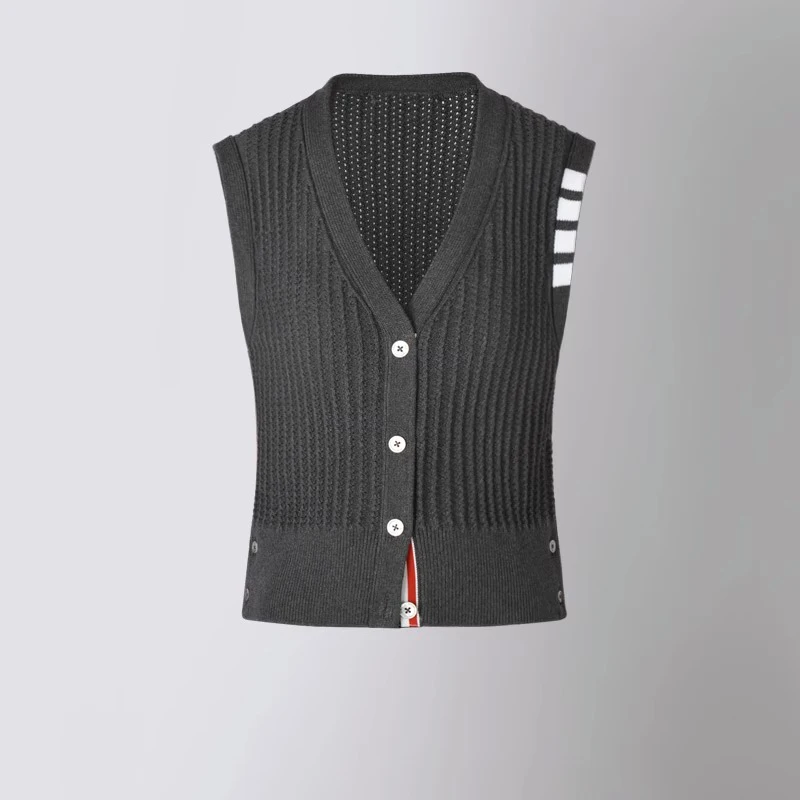 TB THOM Knit Vest Cardigan Women\'s Fashion Casual Quality Hollow Out Waistcoat Korean Brand College Style Slim Striped TB Blouse