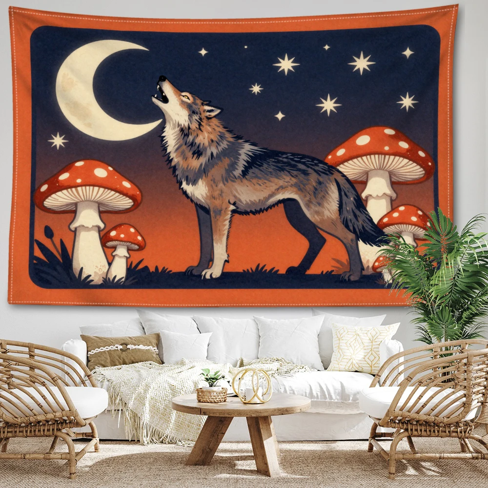 Orange Moon Night Howling Wolf Red Mushroom Wall Tapestry, Whimsical Boho Decor