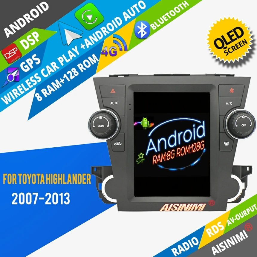 

AISINIMI Android 13 автомобильный Dvd-плеер для Toyota Highlander 2007-2013 Автомобильная аудиосистема gps для стереомонитора в стиле Тесла