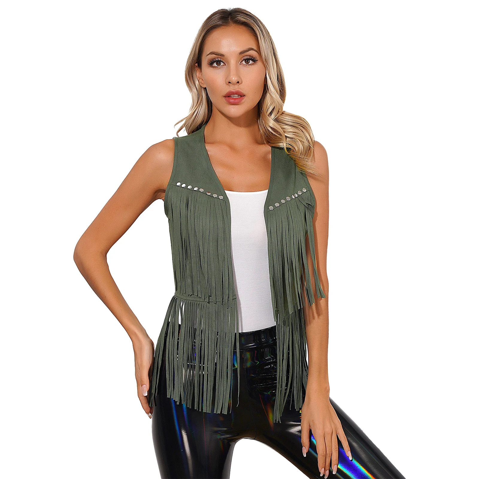 Womens Cowgirl Waistcoat Tops Vintage Faux Suede Tassel Vest Fashion Rivets Fringe Waistcoat Open Front Sleeveless Jacket Tops