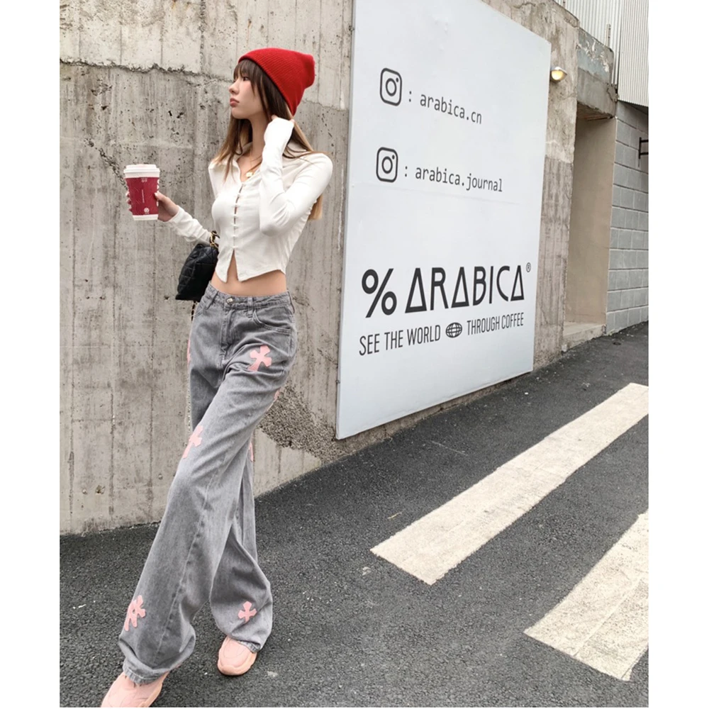 패션 신상 가죽 핑크 크로스 청바지 여성 빈티지 고딕 그레이 루즈 스트레이트 청바지 가을 소녀 프라이드 스트릿웨어 힙합 데님