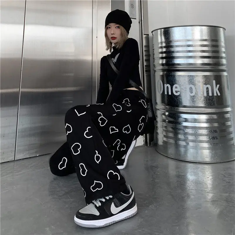 

2023 Spring Fall Women Vintage Korean Style Trouser Hip Hop Wide Leg Pants Female Fashion Casual Harajuku Heart Print Loose Pant