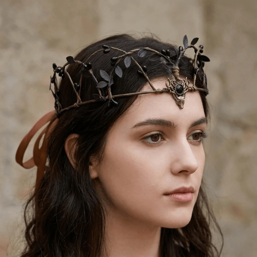 Flower Vine Elven Crown Fantasy Rhinestone Decorated Elf Tiara Simulate Tree Leaves Head Band Fairy Headpiece Gothic Style