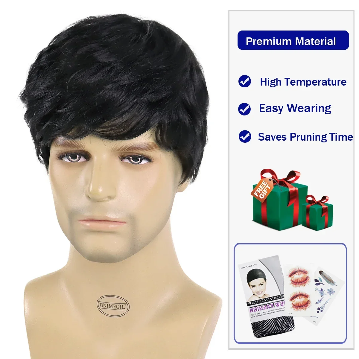 Businessman Black Mens Wigs Short Hair Natural Wigs with Bangs Handsome Haircut Black Wigs for Men Halloween Costume Wig Cosplay