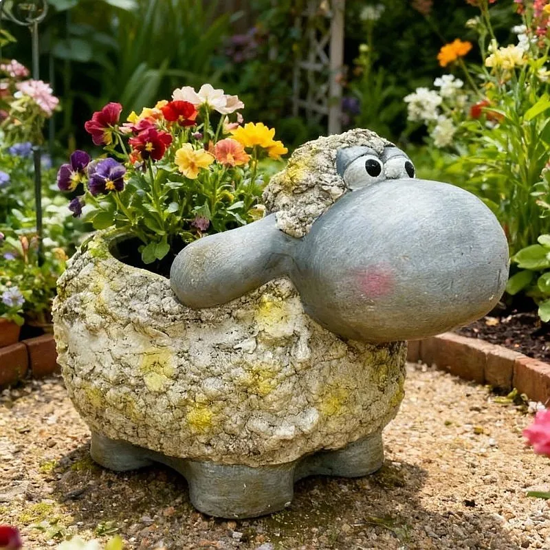 Cartoon Sheep Planter Resin Animal Flower Pot Garden Decor Kids Gift