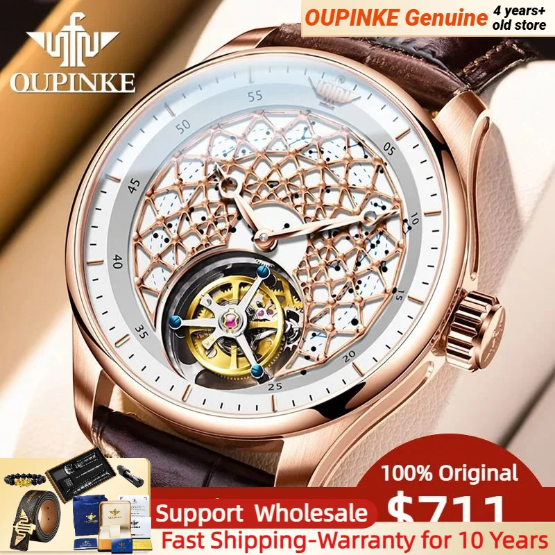 

OUPINKE Tourbillon Wristwatch Automatic Men Watches Skeleton Design Sapphire Mirror Original Leather Strap Watch for Man Luxury