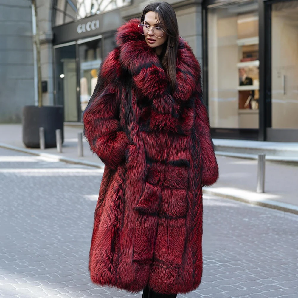 120cm Long Real Silver Fox Fur Coat with Big Turn-down Collar High Street Women Genuien Wholeskin Fox Fur Coats Outwear Woman