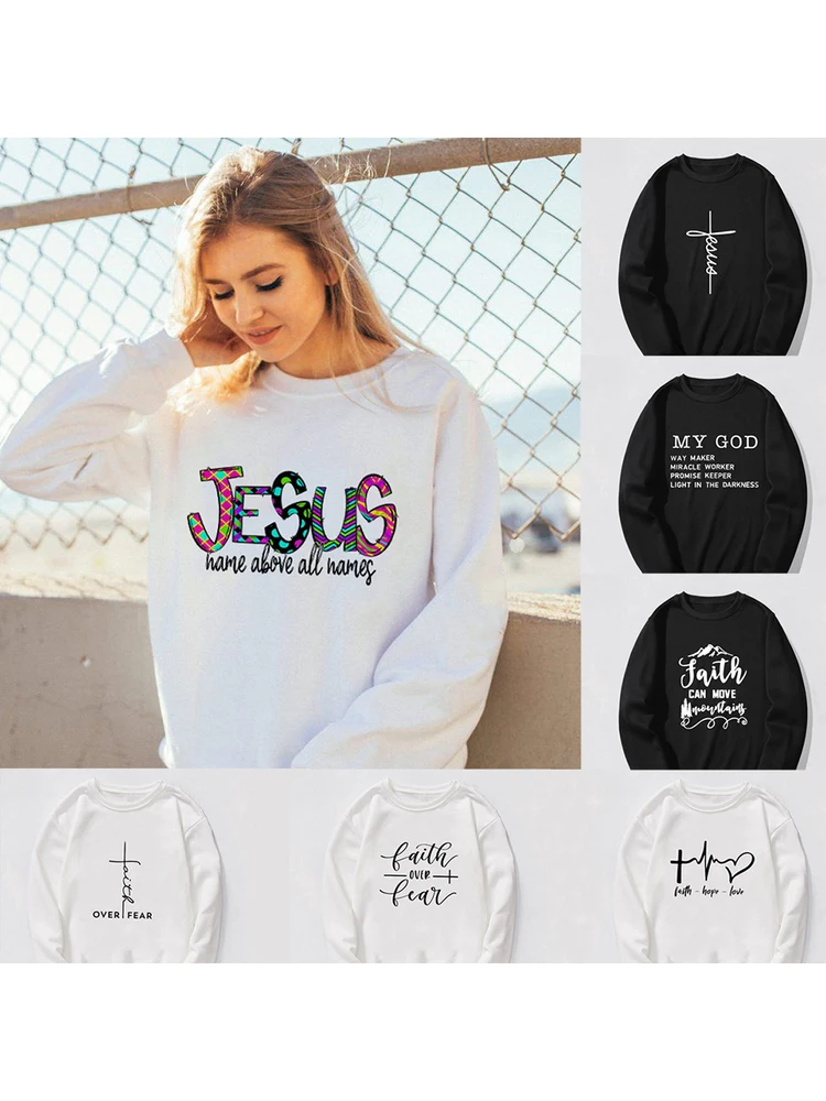 2020 Jesus Print Women Sweatshirt Faith Over Fear Streetwear Winter O-neck Pullovers Harajuku Female Tops Sweatshirts Clothing