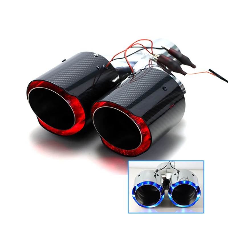 1PC LED Exhaust Muffler Tips Real Carbon Fiber Dual Pipes with Red or Blue Light Universal Modify Exhaust Tip