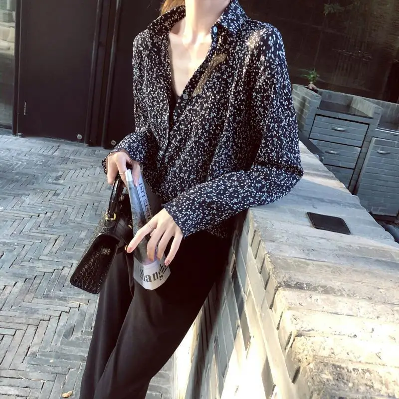 

Black Floral Blouse Spring Fashion Buttons Turn-down Collar Long Sleeve Women's Shirt Trend Thin Cardigan Women Clothing Top Tee