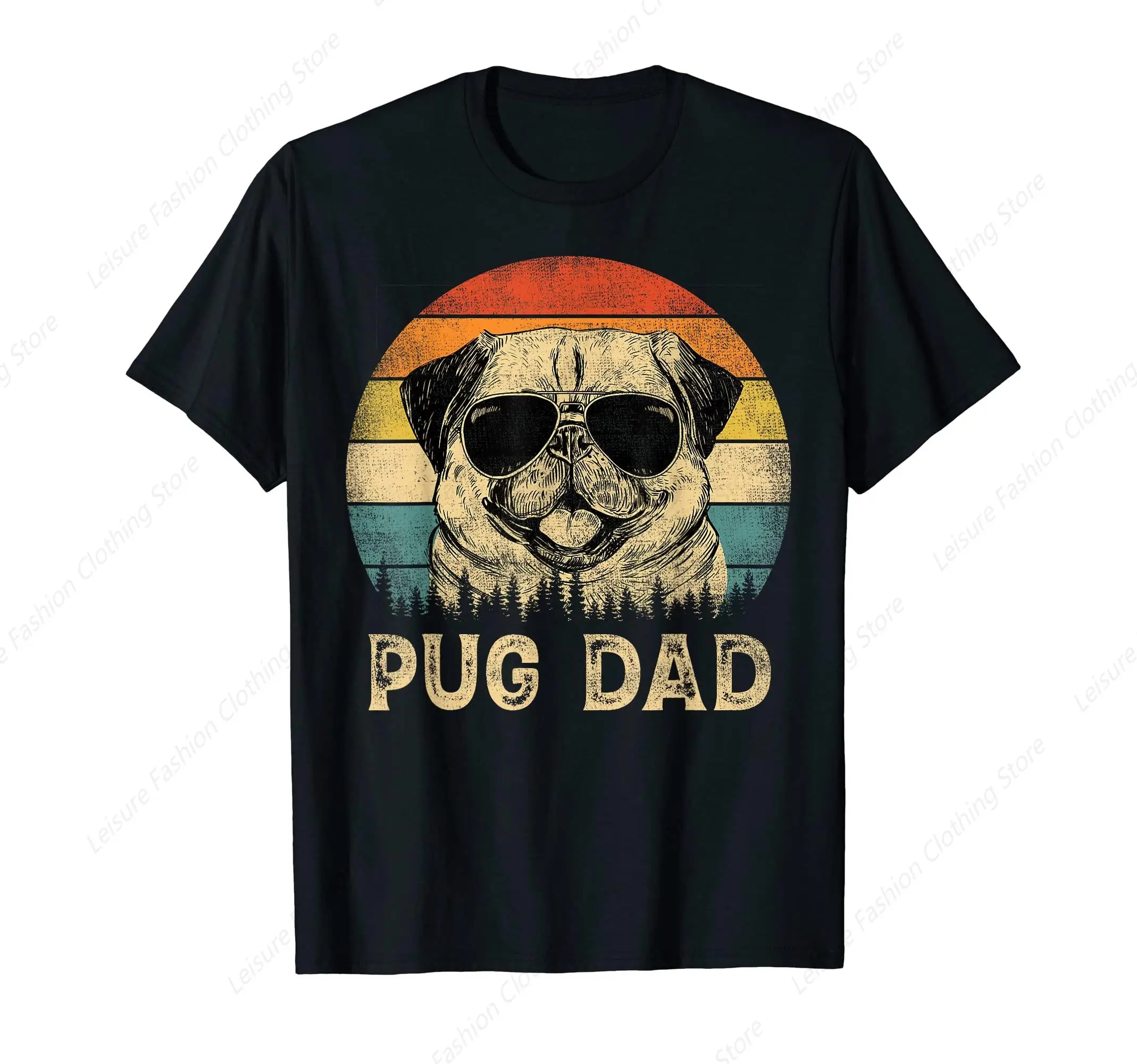 Vintage Pug Dad Dog Lovers Father's Day Tee T-Shirt Round Neck Short Sleeves Cotton Tee Shirt Tops