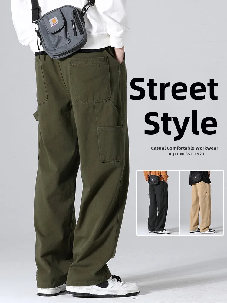 

Trendy Japanese Sle Men's Casual Cotton Work Pants Loose Straight Leg Vintage American Logging Vibe Summer Leisure Long Tro...